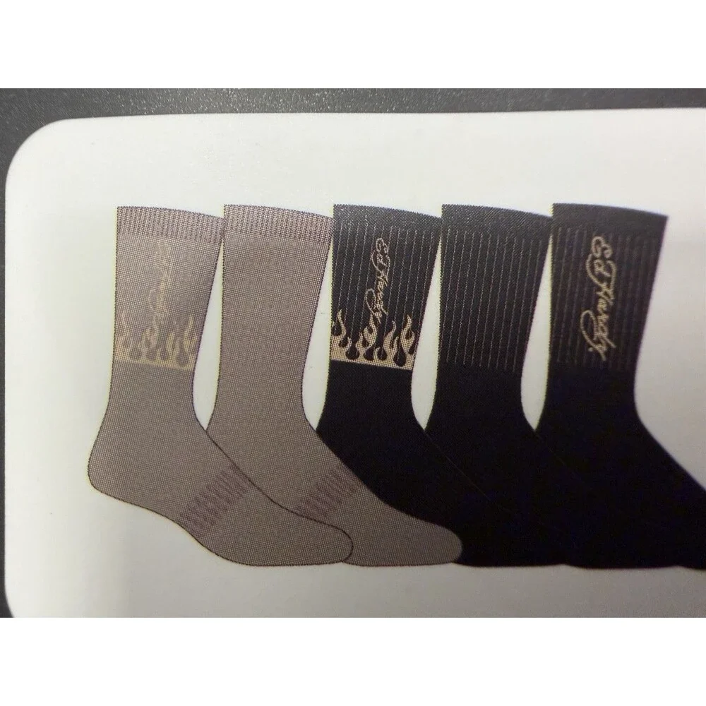 Ed Hardy Men’s Crew Socks 5 Pairs Size 6-12 Green/Black Flames Polyester Spandex